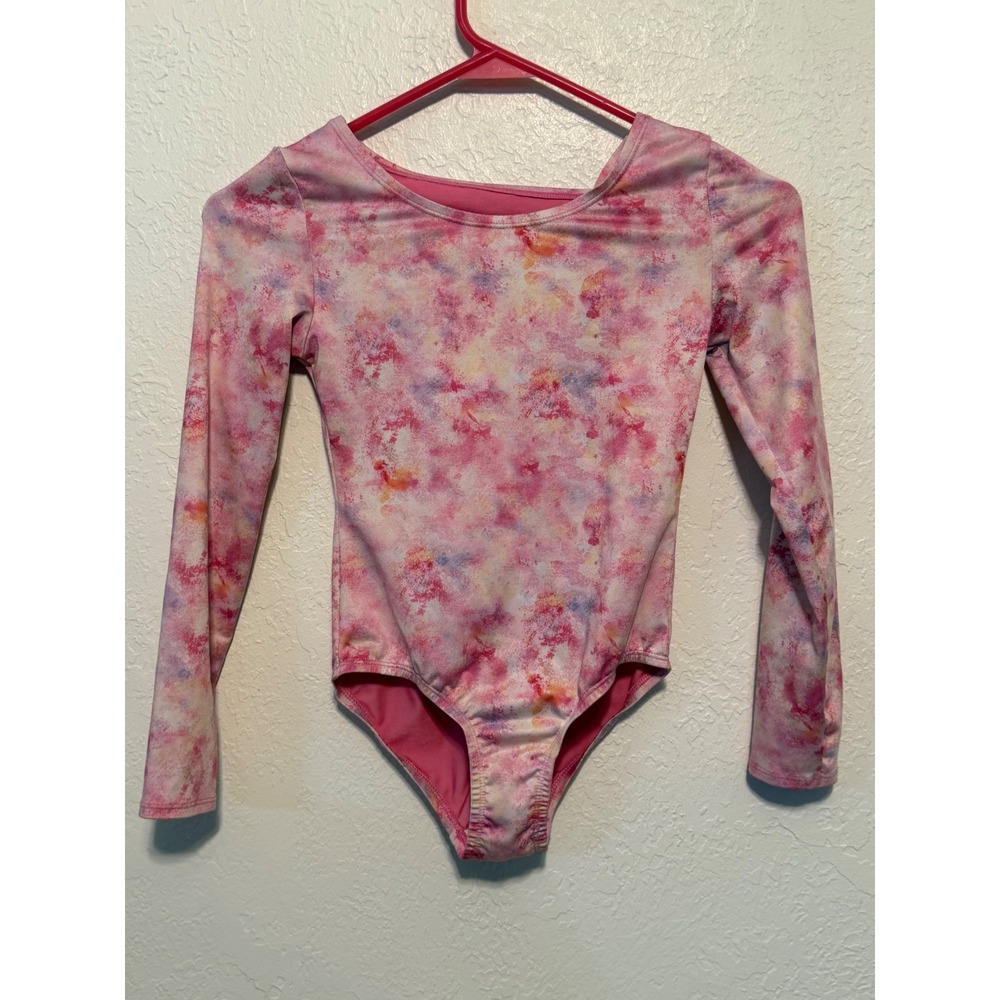 Cat & Jack Girls Pink Watercolor Marble Long Sleeve Leotard Size M 7-8 Keyhole